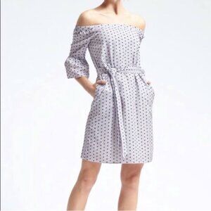 Banana Republic Cotton Off Shoulder Polka Dot Bell Sleeve Dress Pocket Preppy S